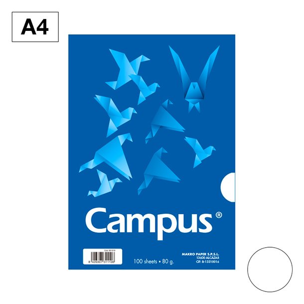 PAPEL DIN A4 CAMPUS 80 GRAMOS PAQUETE 100 HOJAS COLOR BLANCO