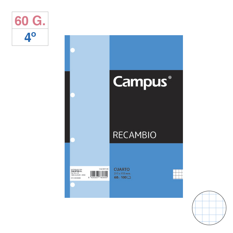 RECAMBIO CARPETA CAMPUS 4º 100 HOJAS 60 GRAMOS CUADRICULA 4 MM.