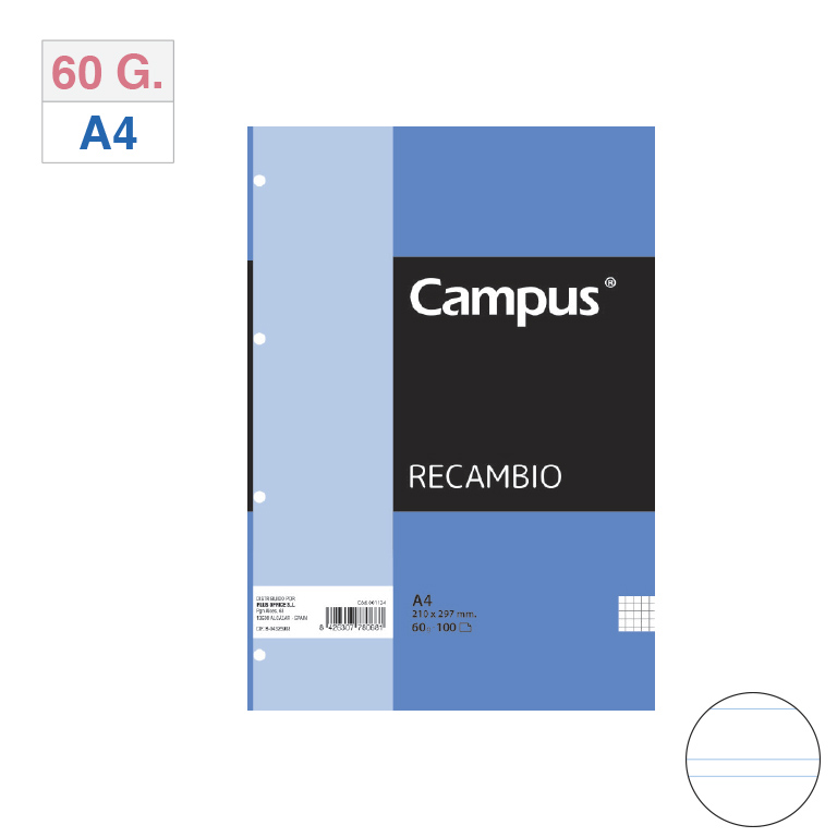 RECAMBIO CARPETA CAMPUS A4 100 HOJAS 60 GRAMOS RAYADO PAUTA 2,5 MM.