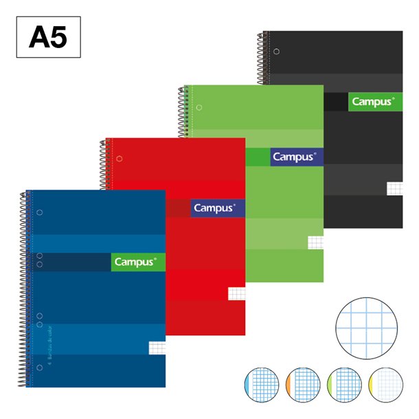 BLOC ESPIRAL TAPA EXTRADURA CAMPUS A5 160 HOJAS MICROPERFORADO 70 GRAMOS CUADRICULA 5 MM.