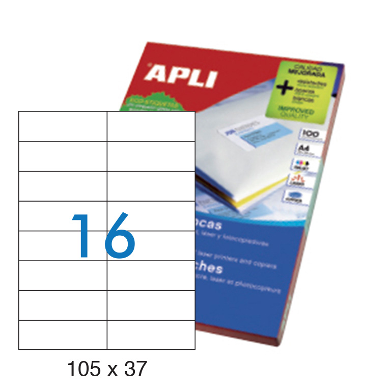 ETIQUETAS AUTOADHESIVAS APLI 105MMX37MM CANTOS RECTOS 16 ETIQUETAS X HOJA PAQUETE 100 HOJAS A4