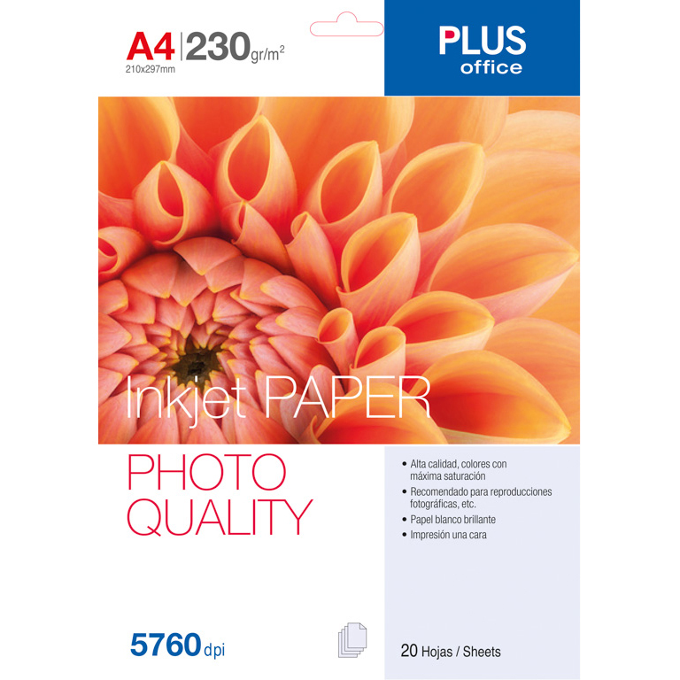 PAPEL FOTOGRÁFICO A4 PLUS OFFICE INKJET PAPER 5760 DPI 230 GRAMOS PAQUETE 20 HOJAS
