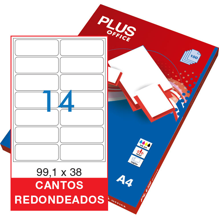 ETIQUETAS AUTOADHESIVAS PLUS OFFICE 99,1MMX38MM CANTOS REDONDEADOS 14 ETIQUETAS X HOJA PAQUETE 100 HOJAS A4
