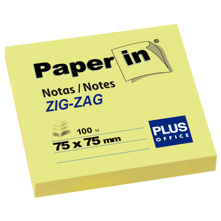 BLOC NOTAS ADHESIVAS QUITA Y PON PAPER IN PLUS OFFICE ZIG-ZAG 75MMX75MM AMARILLAS 100 HOJAS