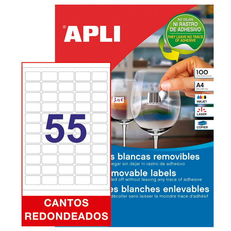 ETIQUETAS AUTOADHESIVAS REMOVIBLES APLI A4 36,8MMX23,8MM CANTOS REDONDEADOS 55 ETIQUETAS X HOJA PAQUETE DE 100 HOJAS