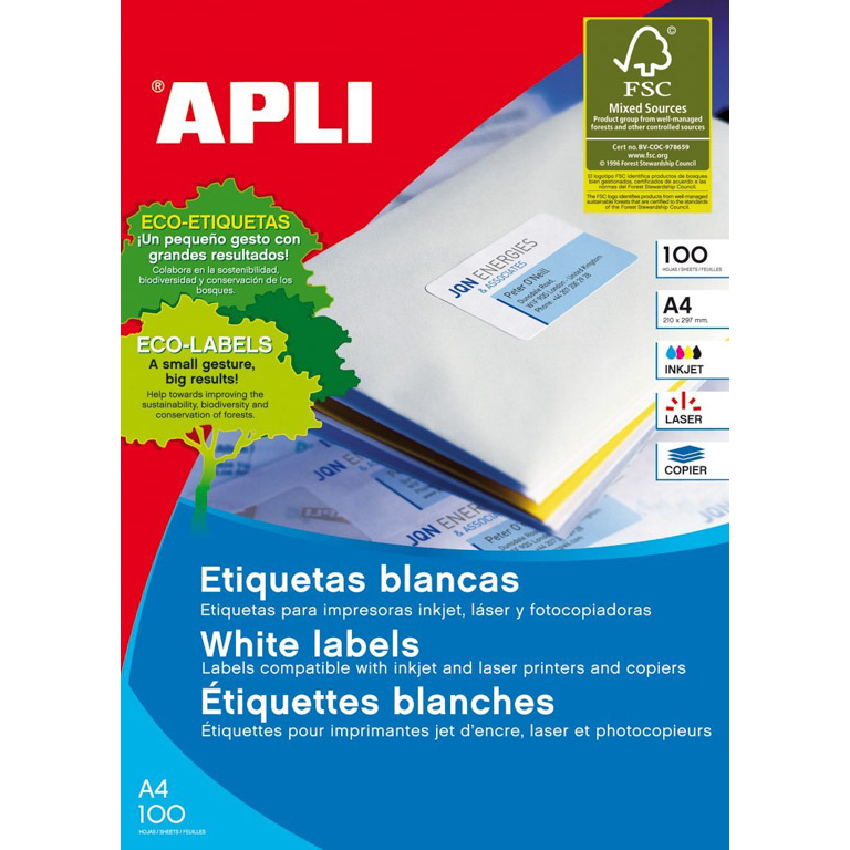 ETIQUETAS AUTOADHESIVAS APLI BLANCAS DIN A4 38X21,2 CANTOS RECTOS 1600 ETIQUETAS POR CAJA