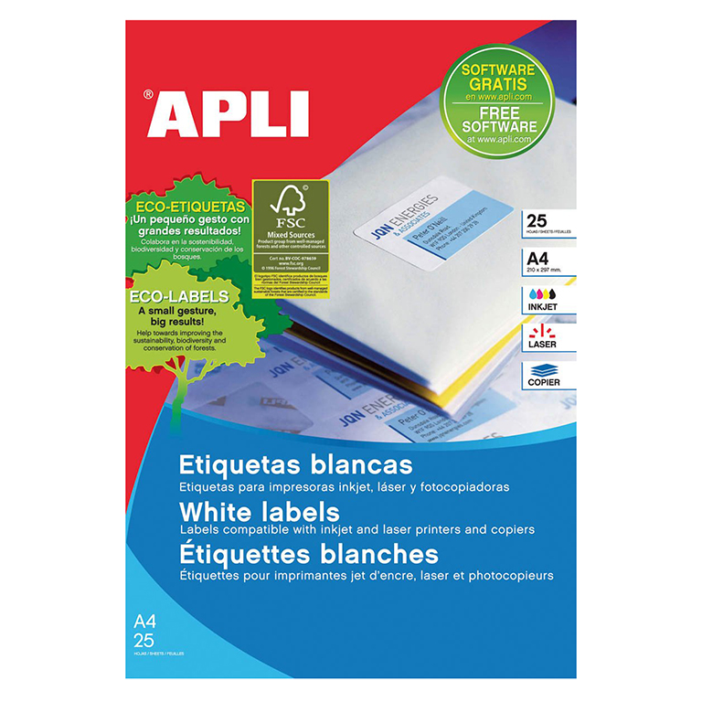 ETIQUETAS AUTOADHESIVAS APLI 210X297MM CANTOS RECTOS 1 ETIQUETA X HOJA PAQUETE 25 HOJAS A4
