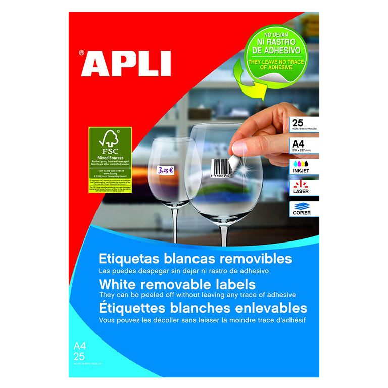 ETIQUETAS AUTOADHESIVAS REMOVIBLES APLI A4 25,4MMX10MM CANTOS REDONDEADOS 189 ETIQUETAS X HOJA PAQUETE DE 25 HOJAS