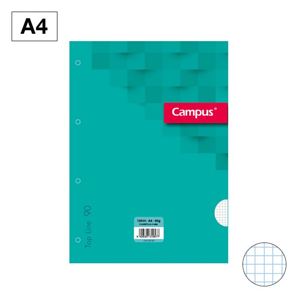 RECAMBIOS CARPETA CAMPUS A4 4 TALADROS 100 HOJAS 90 GRAMOS CUADRÍCULA 4 MM PORTADA COLOR TURQUESA