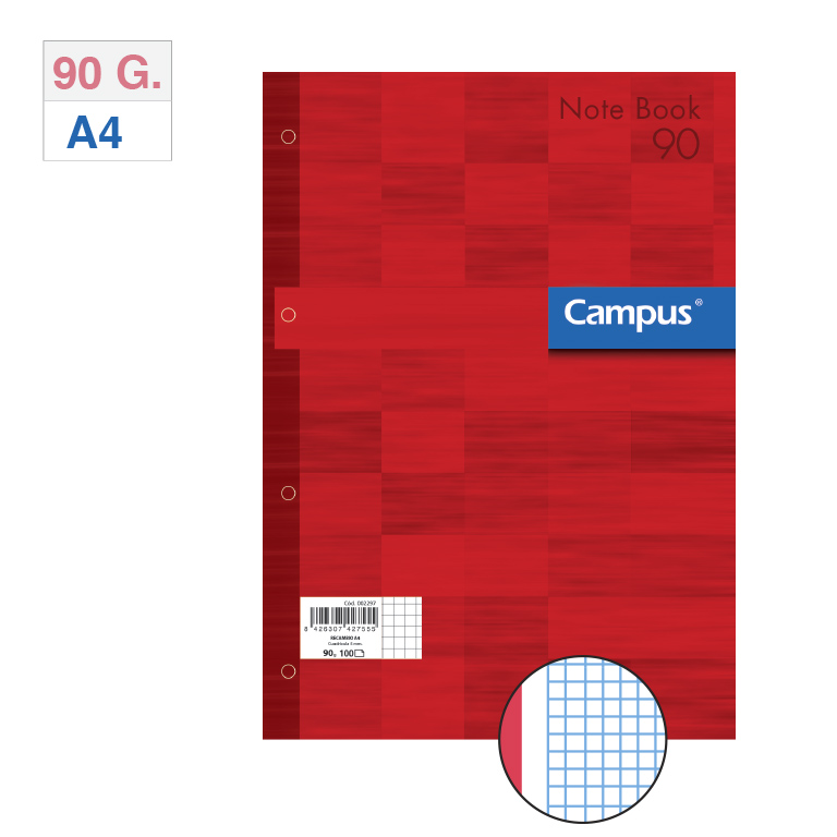 BLOC ENCOLADO DE RECAMBIOS CARPETA CAMPUS A4 4 TALADROS 80 HOJAS 100 GRAMOS BANDA DE SU COLOR ROJO CUADRICULA 5 MM.