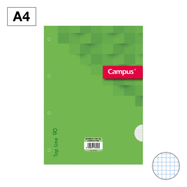 RECAMBIOS CARPETA CAMPUS A4 4 TALADROS 100 HOJAS 90 GRAMOS CUADRÍCULA 3 MM PORTADA COLOR VERDE