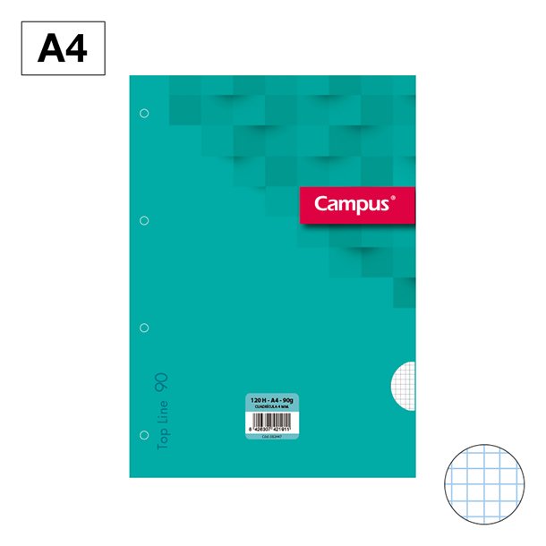 RECAMBIOS CARPETA CAMPUS A4 4 TALADROS 100 + 20 HOJAS 90 GRAMOS CUADRÍCULA 4 MM PORTADA COLOR TURQUESA