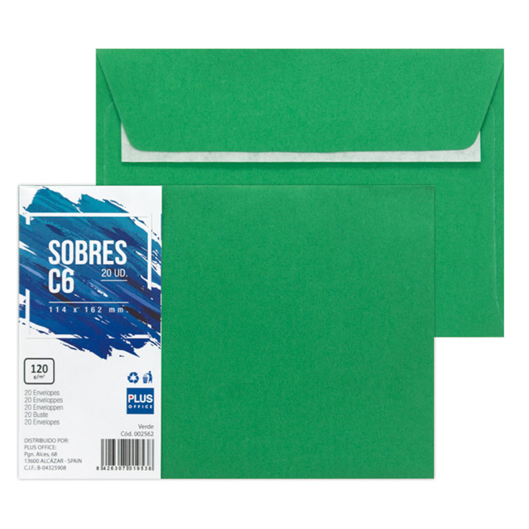 SOBRE C6 PLUS OFFICE 114MMX162MM TIRA SILICONA 120 GRAMOS COLOR VERDE PAQUETE 20 UNIDADES	