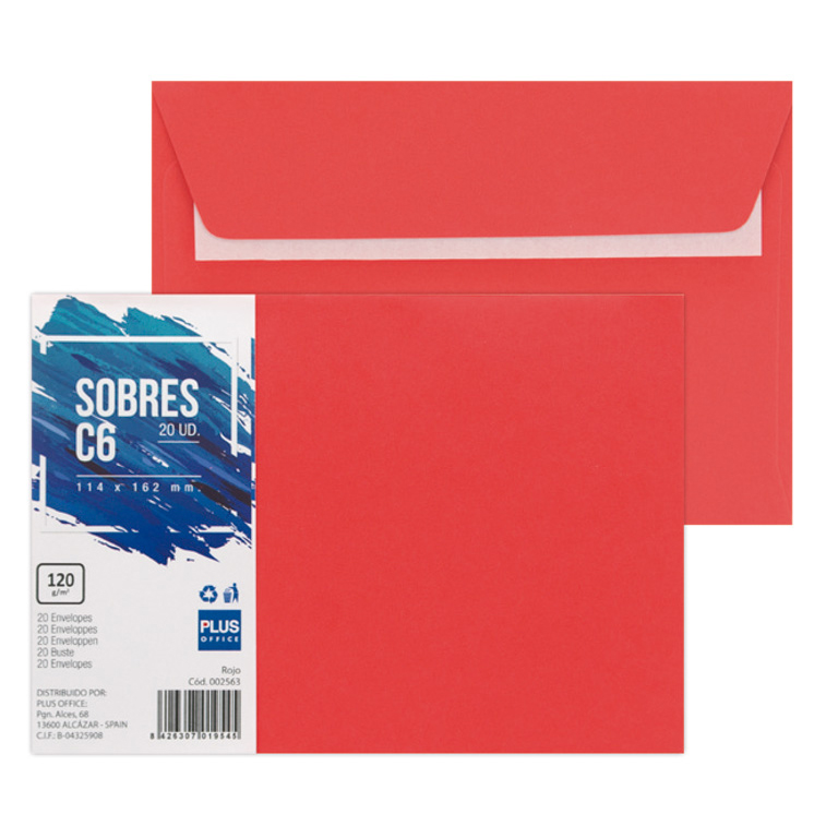 SOBRE C6 PLUS OFFICE 114MMX162MM TIRA SILICONA 120 GRAMOS COLOR ROJO PAQUETE 20 UNIDADES	