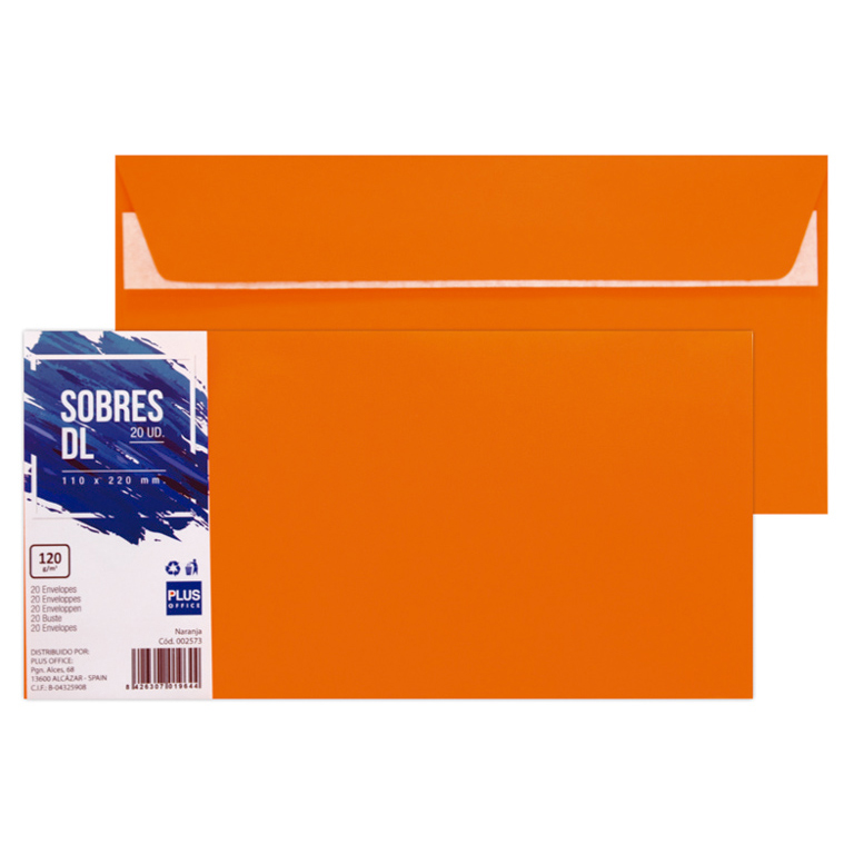 SOBRE DL PLUS OFFICE 110MMX220MM TIRA SILICONA 120 GRAMOS COLOR NARANJA PAQUETE 20 UNIDADES