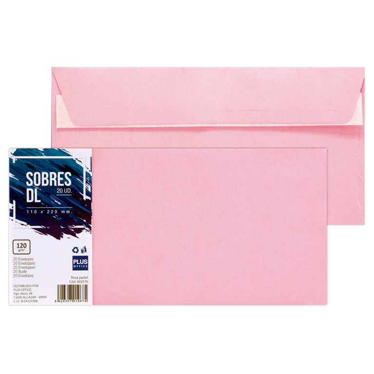 SOBRE DL PLUS OFFICE 110MMX220MM TIRA SILICONA 120 GRAMOS COLOR ROSA PASTEL PAQUETE 20 UNIDADES	