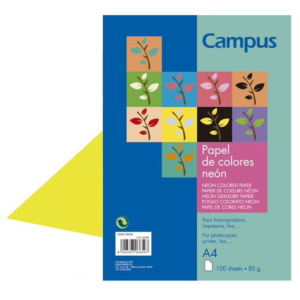 PAPEL DIN A4 CAMPUS 80 GRAMOS PAQUETE 100 HOJAS COLOR AMARILLO NEÓN