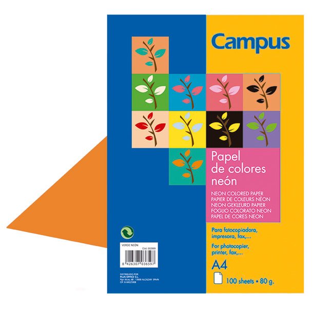 PAPEL DIN A4 CAMPUS 80 GRAMOS PAQUETE 100 HOJAS COLOR NARANJA NEÓN