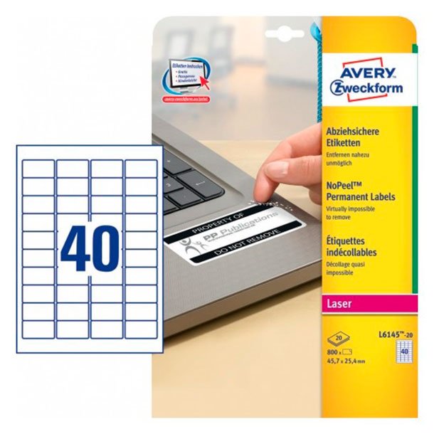 ETIQUETAS AUTOADHESIVAS AVERY ANTI-FRAUDE 45,7MMX25,4MM BLANCAS 40 ETIQUETAS X HOJA PAQUETE DE 20 HOJAS