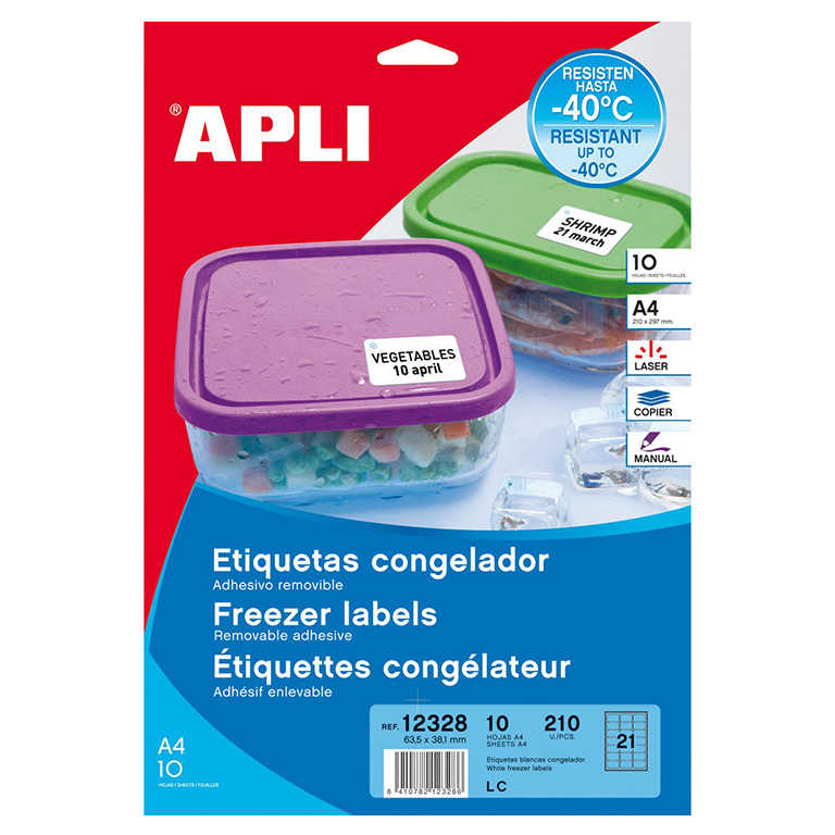 ETIQUETAS AUTOADHESIVAS PARA CONGELADOR APLI A4 63,MMX 38,1 MM 21 ETIQUETA X HOJA PAQUETE DE 10 HOJAS