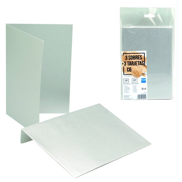 SOBRES + TARJETAS C6 PLUS OFFICE 114MMX162MM 120 GRAMOS PLATA METALIZADO PAQUETE 3 UNIDADES	