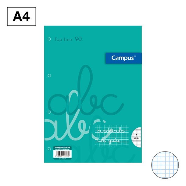 RECAMBIOS CARPETA CAMPUS A4 4 TALADROS 100 HOJAS 90 GRAMOS CUADRÍCULA PAUTADA 3 MM PORTADA COLOR TURQUESA