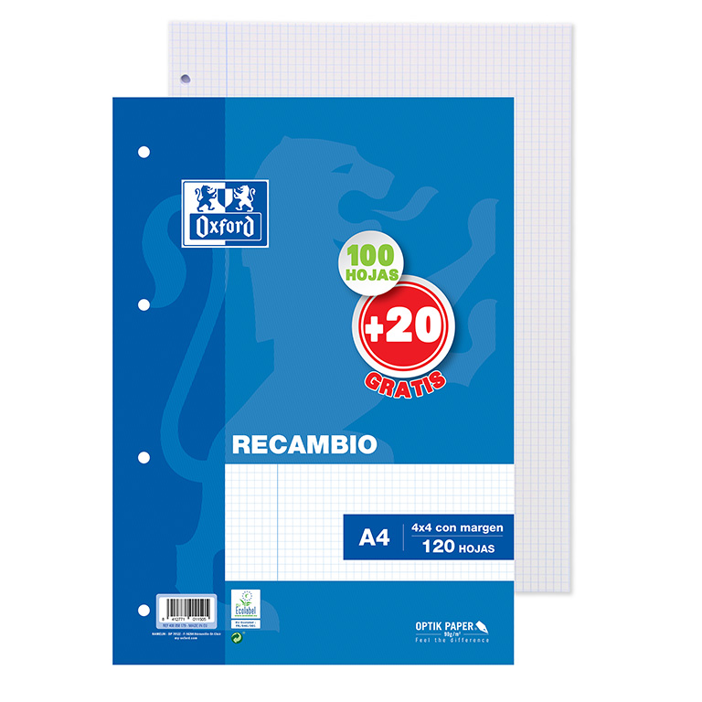 RECAMBIO OXFORD A4 120 HOJAS 90 GRAMOS CUADRICULA 4X4 MM