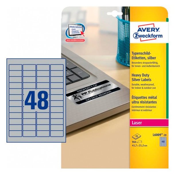 ETIQUETAS AUTOADHESIVAS AVERY POLIÉSTER 45,7MMX21,2MM PLATEADAS 48 ETIQUETAS X HOJAS PAQUETE 20 HOJAS