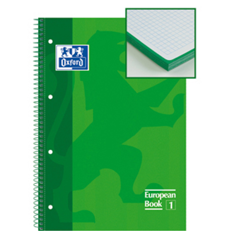 BLOC ESPIRAL TAPA EXTRADURA OXFORD EUROPEANBOOK A4+ 80 HOJAS 90 GRAMOS MICROPERFORADO CUADRICULA 5 MM. VERDE