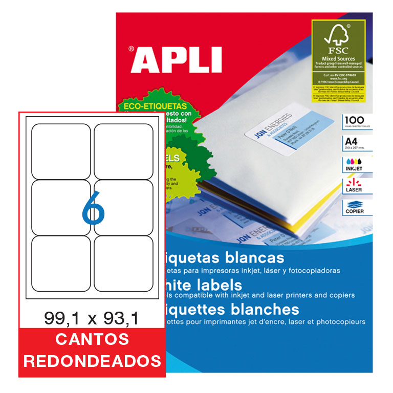 ETIQUETAS AUTOADHESIVAS APLI BLANCAS DIN A4 99,1X93,1 CANTOS ROMOS 600 ETIQUETAS POR CAJA