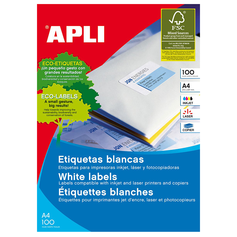 ETIQUETAS AUTOADHESIVAS APLI 64,6X33,8MM CANTOS RECTOS 24 ETIQUETAS X HOJA PAQUETE 100 HOJAS A4