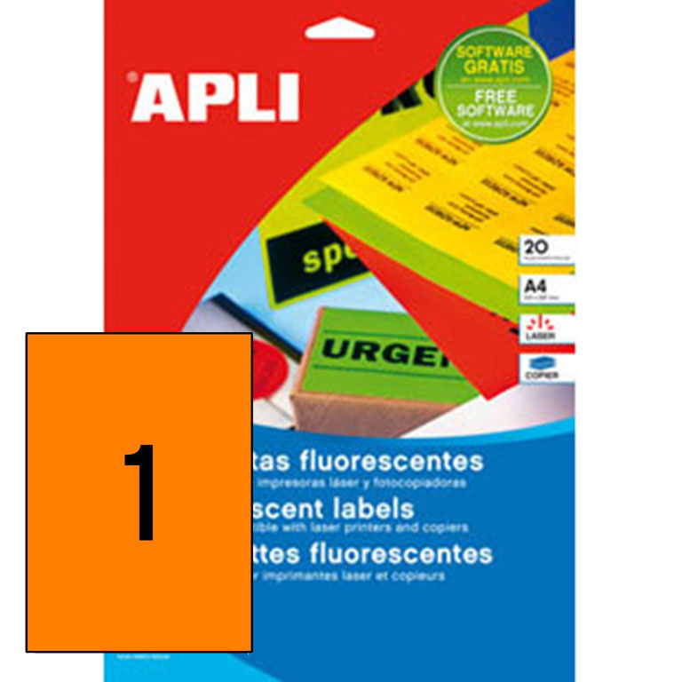 ETIQUETAS AUTOADHESIVAS APLI A4 210MMX297MM COLOR NARANJA FLUORESCENTE 1 ETIQUETA X HOJA PAQUETE DE 20 HOJAS	