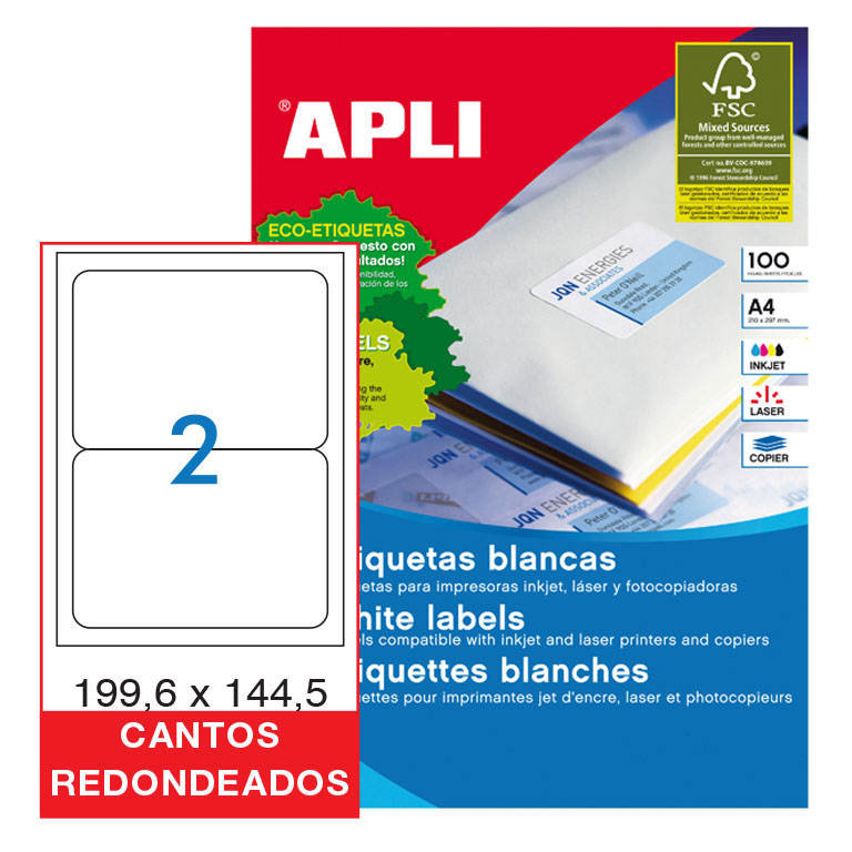 ETIQUETAS AUTOADHESIVAS APLI A4 199,6MMX144,5MM CANTOS REDONDEADOS 2 ETIQUETAS X HOJA PAQUETE DE 100 HOJAS
