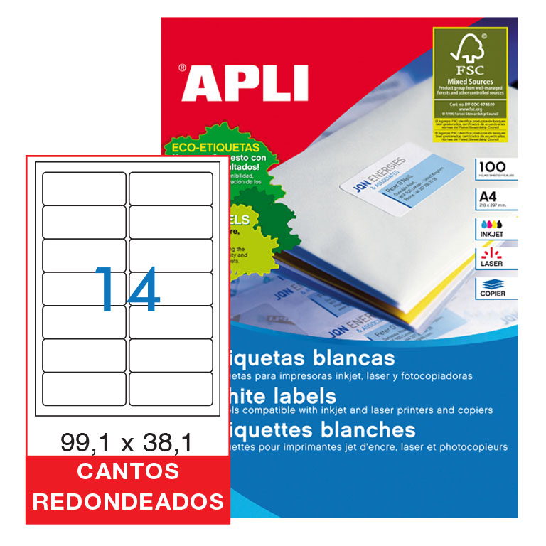 ETIQUETAS AUTOADHESIVAS A4 99,1X38,1 APLI CANTOS REDONDEADOS 14 ETIQUETAS X HOJA PAQUETE DE 100 HOJAS
