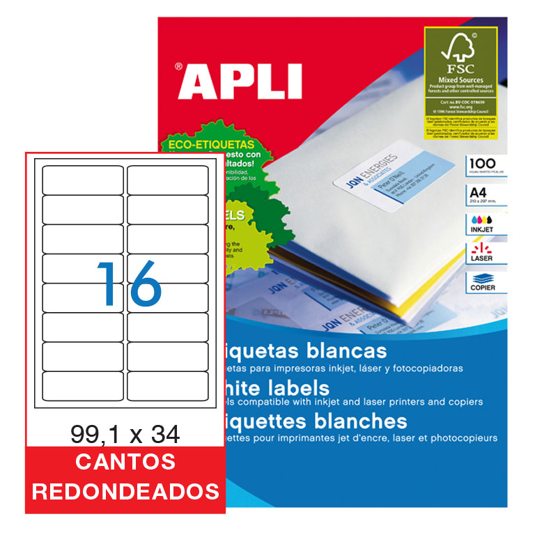 ETIQUETAS AUTOADHESIVAS A4 99,1X34 APLI CANTOS REDONDEADOS 16 ETIQUETAS X HOJA PAQUETE DE 100 HOJAS