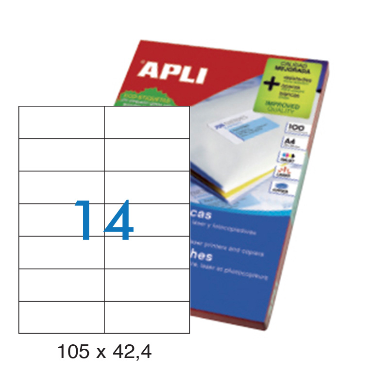 ETIQUETAS AUTOADHESIVAS APLI 105MMX42,4MM CANTOS RECTOS 14 ETIQUETAS X HOJA PAQUETE 100 HOJAS A4
