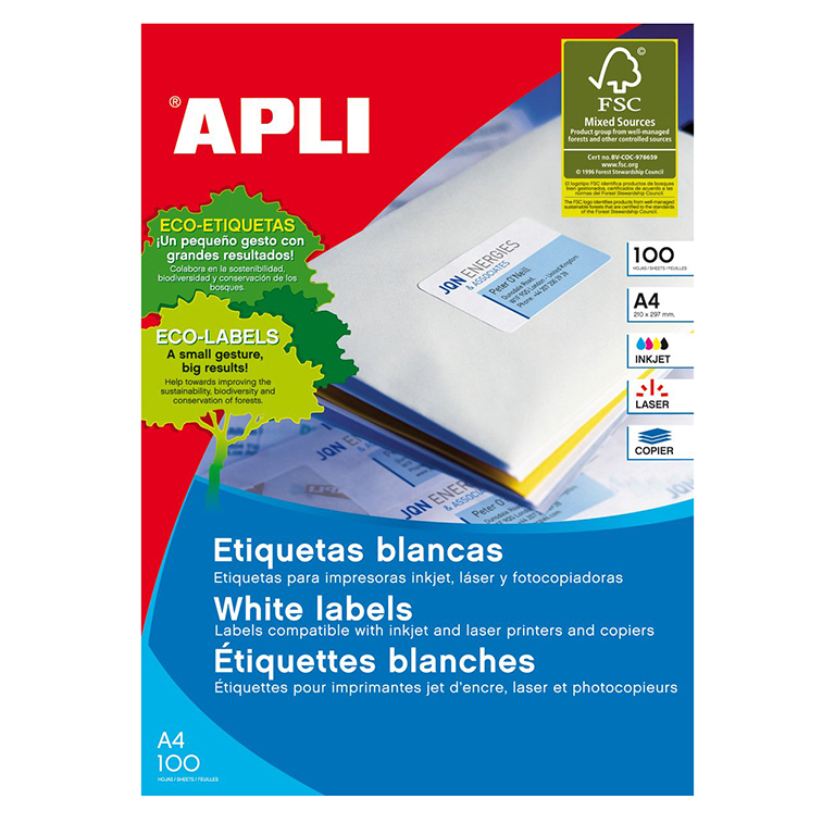 ETIQUETAS AUTOADHESIVAS APLI 70X50,8MM CANTOS RECTOS 15 ETIQUETAS X HOJA PAQUETE 100 HOJAS A4
