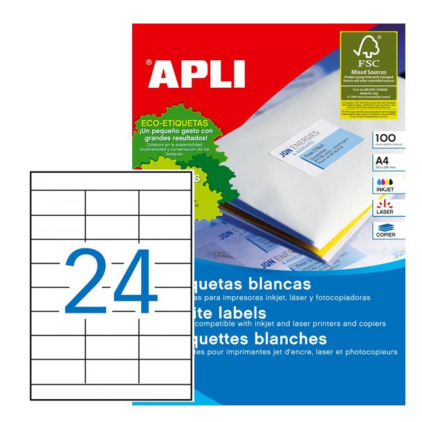 ETIQUETAS AUTOADHESIVAS APLI 70MMX33,8MM CANTOS RECTOS 24 ETIQUETAS X HOJA PAQUETE 100 HOJAS A4	