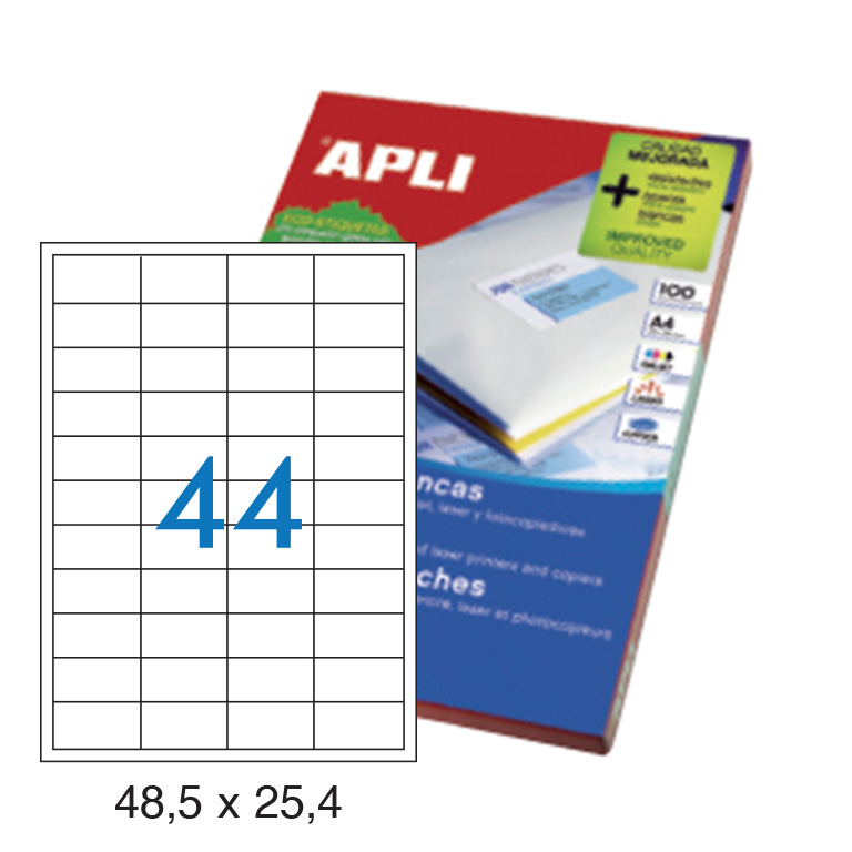 ETIQUETAS AUTOADHESIVAS APLI 48,5X25,4MM CANTOS RECTOS 44 ETIQUETAS X HOJA PAQUETE 100 HOJAS A4