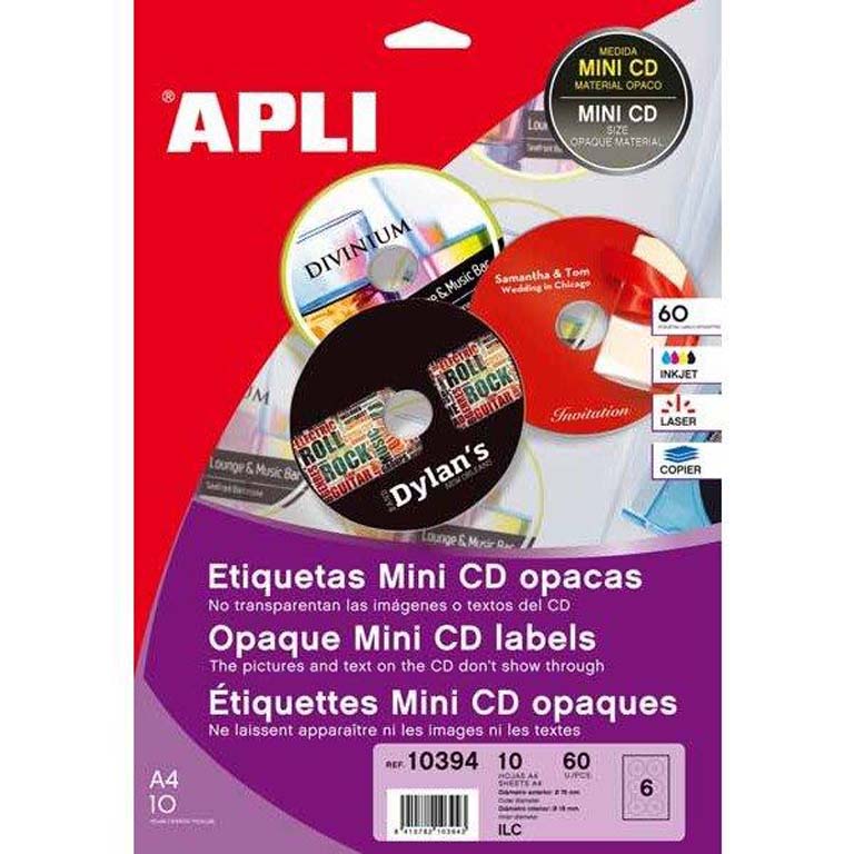 ETIQUETA AUTOADHESIVAS CD MINI APLI INKJET LASER Y COPIA OPACO 76MM BLISTER DE 10 HOJAS