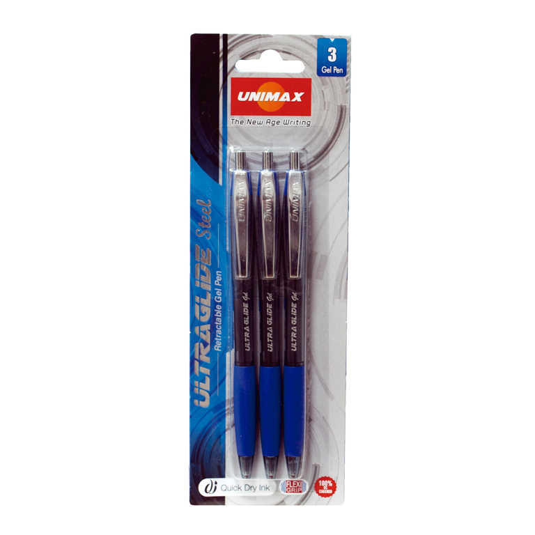 BOLÍGRAFO RETRACTIL PLUS OFFICE UNIMAX ULTRAGLIDE STEEL GEL COLOR AZUL BLÍSTER 3 UNIDADES