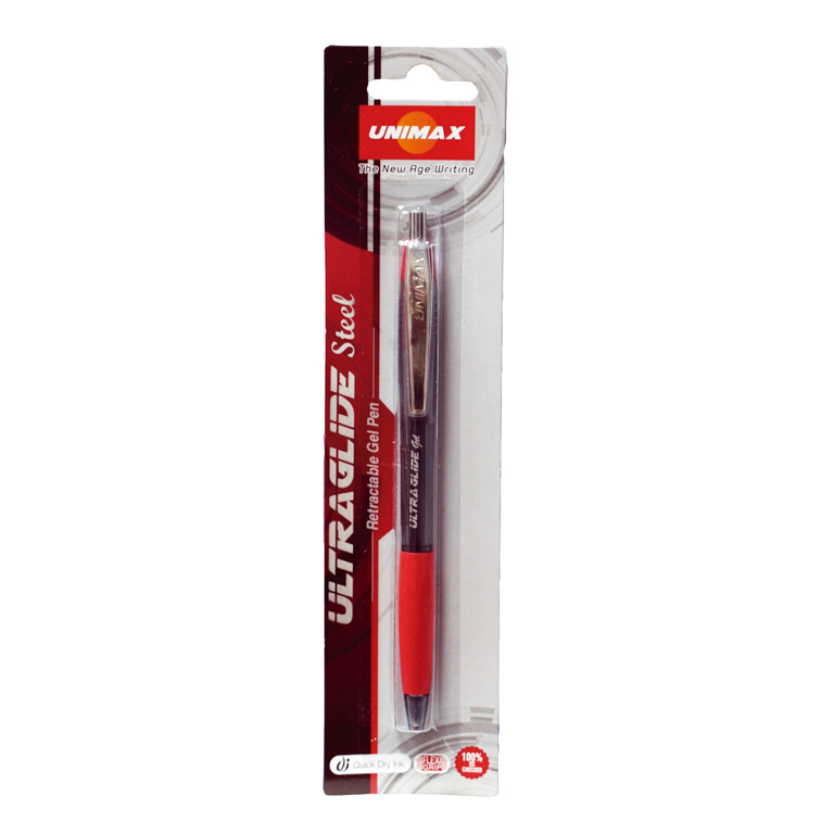 BOLÍGRAFO RETRACTIL PLUS OFFICE UNIMAX ULTRAGLIDE STEEL GEL COLOR ROJO BLÍSTER