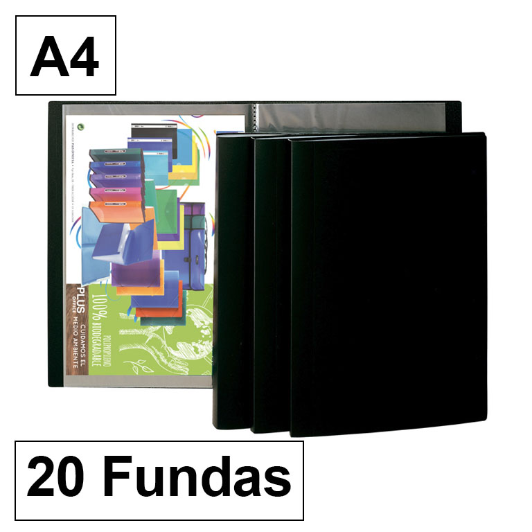 CARPETA PLUS OFFICE POLIPROPILENO FLEXIBLE 20 FUNDAS TRANSPARENTES POLIPROPILENO A4 COLOR NEGRO