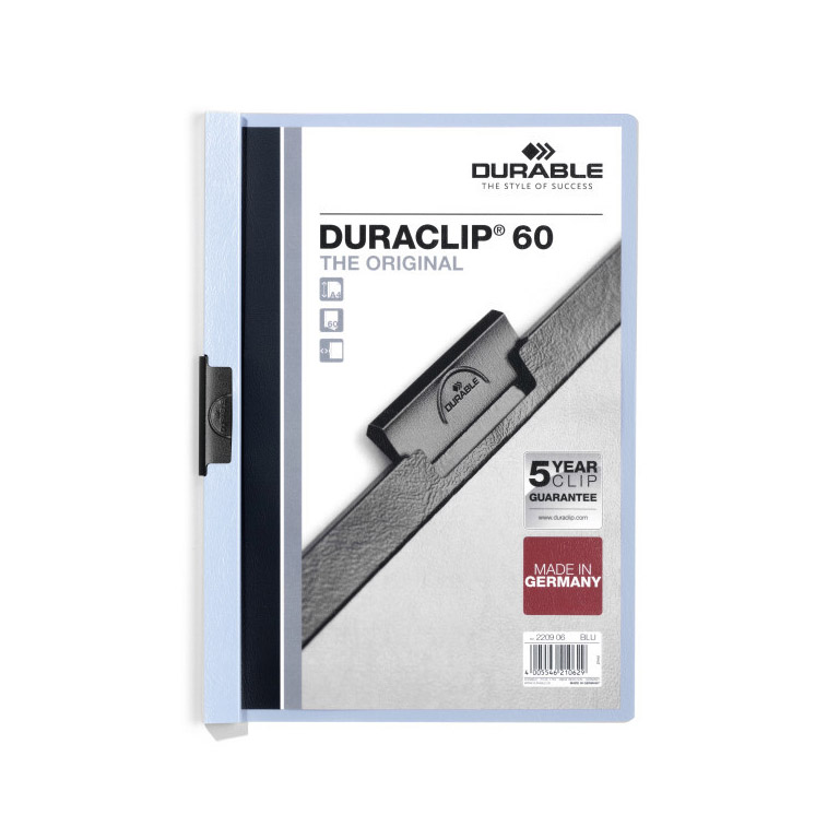 CARPETA DOSSIER PINZA METALICA DURABLE DURACLIP A4 220X310 MM CAPACIDAD 60HOJAS COLOR AZUL CLARO