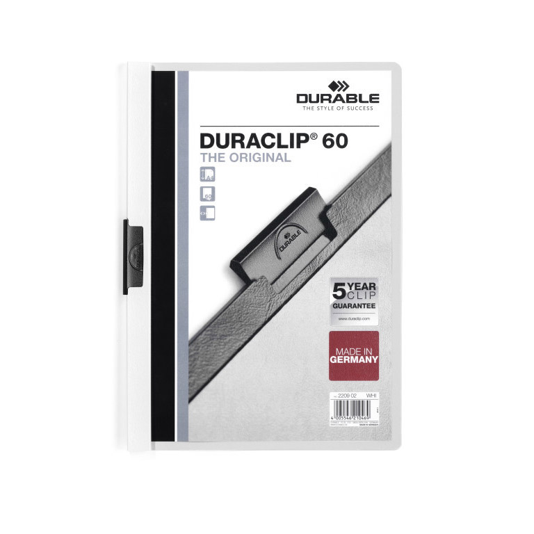 CARPETA DOSSIER PINZA METALICA DURABLE DURACLIP A4 220X310 MM CAPACIDAD 60HOJAS COLOR BLANCO