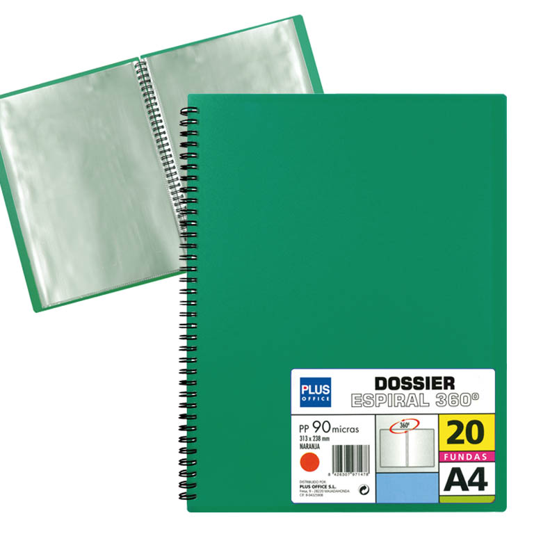 CARPETA PLUS OFFICE ESPIRAL POLIPROPILENO RIGIDO 20 FUNDAS TRANSPARENTES POLIPROPILENO A4 COLOR VERDE