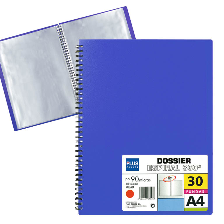 CARPETA PLUS OFFICE ESPIRAL POLIPROPILENO RIGIDO 30 FUNDAS TRANSPARENTES POLIPROPILENO A4 COLOR AZUL