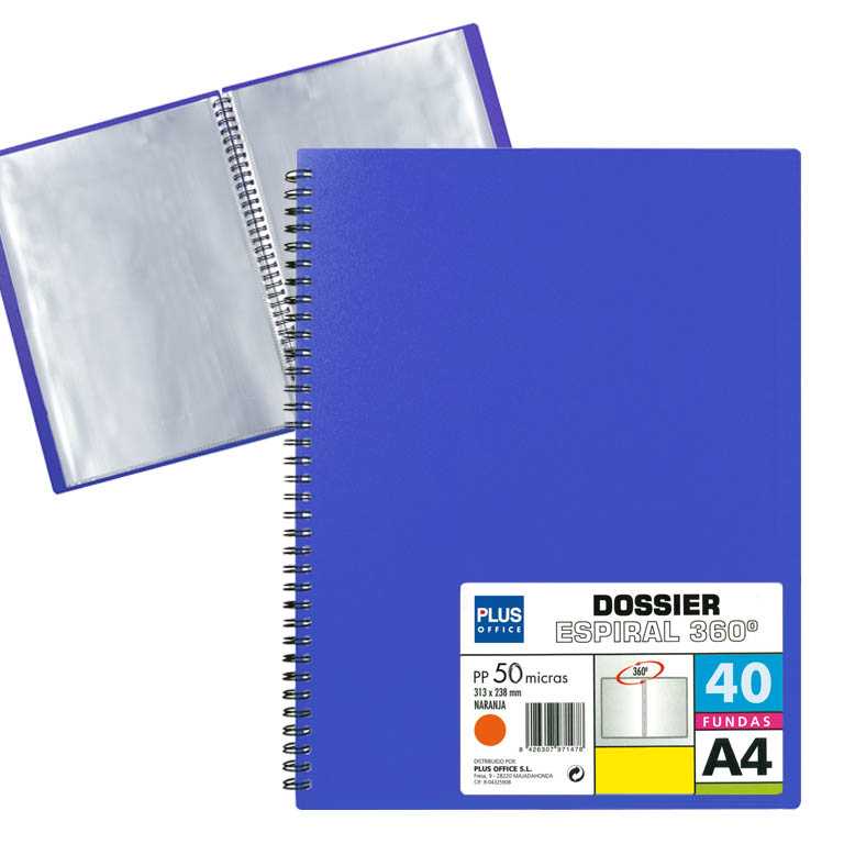 CARPETA PLUS OFFICE ESPIRAL POLIPROPILENO RIGIDO 40 FUNDAS TRANSPARENTES POLIPROPILENO A4 COLOR AZUL