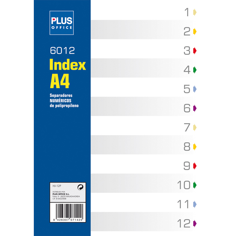 SEPARADOR POLIPROPILENO 150 MICRAS PLUS A4 297X210 MM INDICE NUMÉRICO 12 SEPARADORES MULTITALADRO	