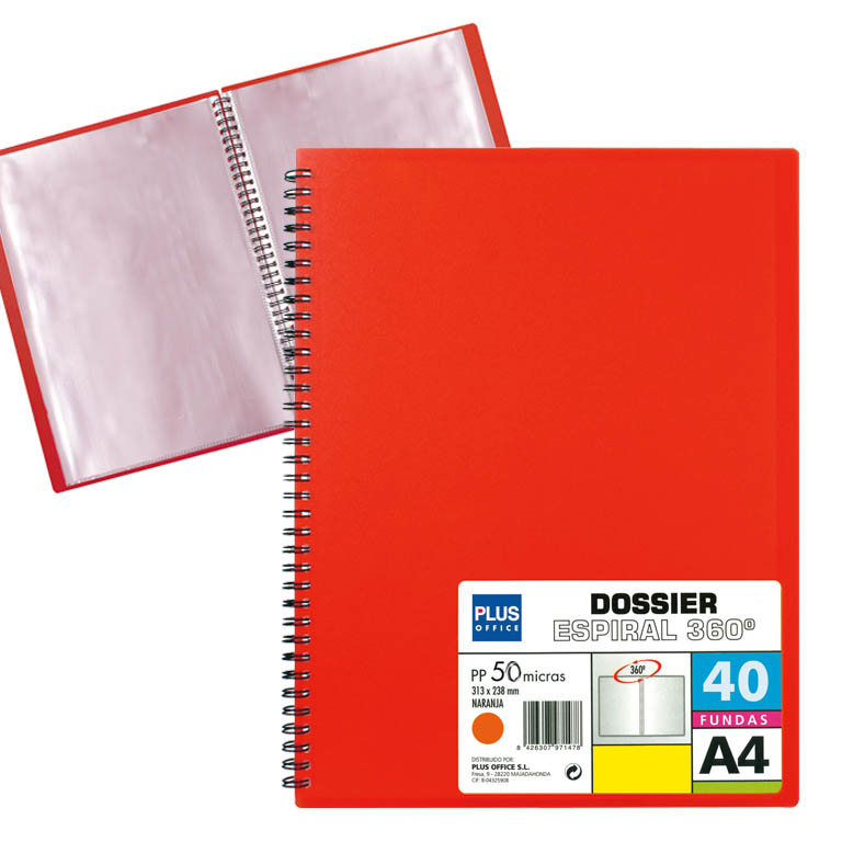 CARPETA PLUS OFFICE ESPIRAL POLIPROPILENO RIGIDO 40 FUNDAS TRANSPARENTES POLIPROPILENO A4 COLOR ROJO